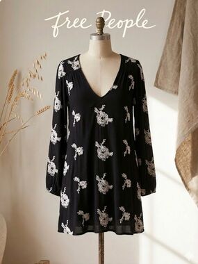 Free People "Wild Horses" Black Embroidered Open Back Mini Dress